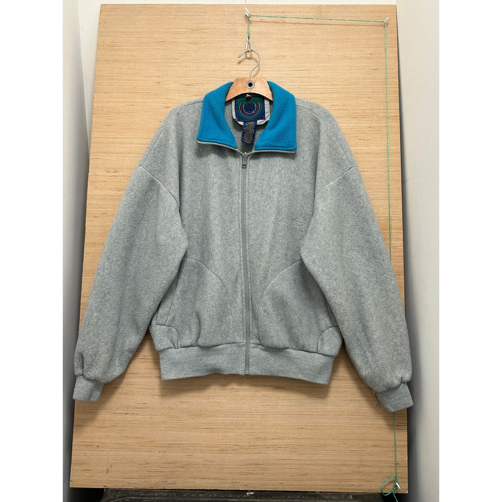 Vintage St Johns Bay Mens‎ Large Grey Turquoise Blue Full Zip Fleece Jacket 90s